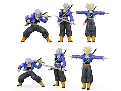 Dragon Ball Action Figures With Silver Hair Blue Outfits Swords In Various Poses 3d model