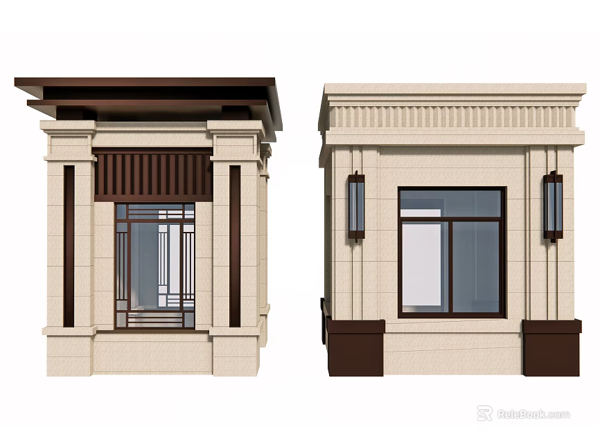 Modern Guard Booth Structure With Stone Walls Glass Windows And Decorative Columns 3d model