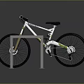 White and Green Mountain Bike Displayed on Wooden Stand with Gray Background