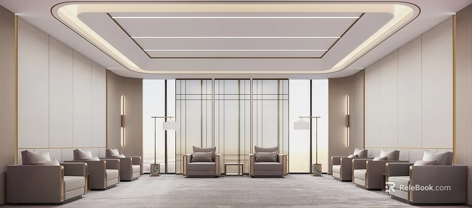 Modern Hotel Public Lounge Featuring Comfortable Seating Large Windows And Ambient Lighting 3d model 