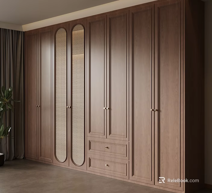 Elegant Modern Wooden Wardrobe With Louvered Glass Doors And Drawer Storage 3d model 