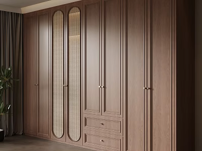 Elegant Modern Wooden Wardrobe With Louvered Glass Doors And Drawer Storage 3d model
