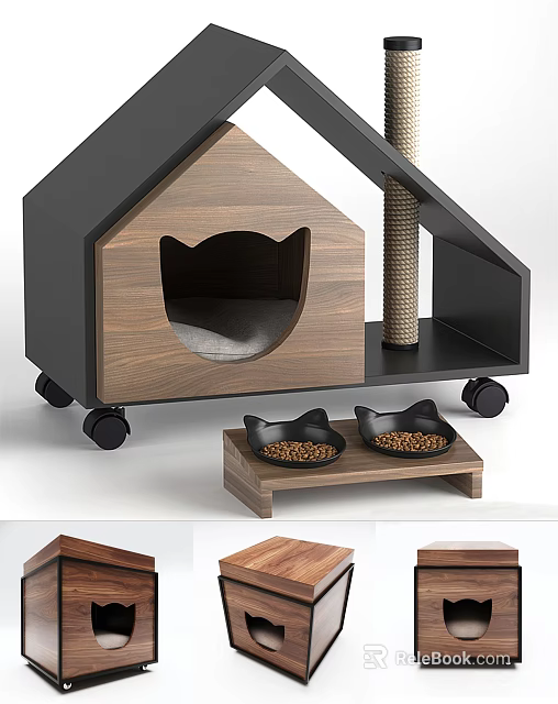 Wooden Cat House With Scratching Post Food Bowls And Wheels For Pets 3d model 