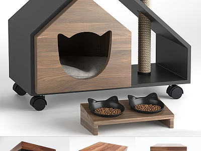 Wooden Cat House With Scratching Post Food Bowls And Wheels For Pets 3d model