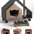Wooden Cat House With Scratching Post Food Bowls And Wheels For Pets