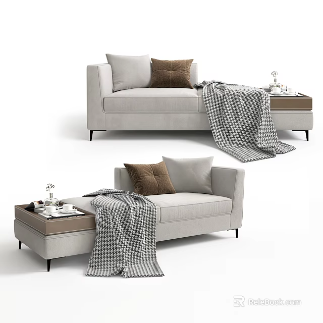 Modern Light Gray Fabric Chaise Lounge With Brown Cushions Checkered Blanket And Side Table 3d model 