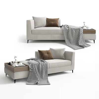 Modern Light Gray Fabric Chaise Lounge With Brown Cushions Checkered Blanket And Side Table 3d model