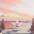 Scenic Photo Spot With Blue Star Structure Under Pink Sunset Sky By Sea With Sailboats