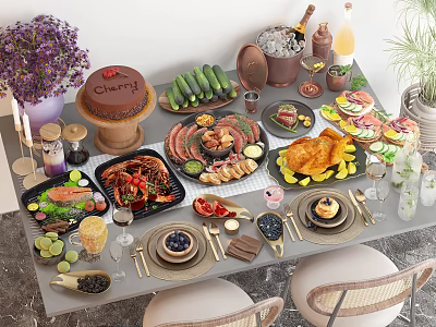 Luxurious Table Filled With Diverse Delicacies And Drinks 3d model