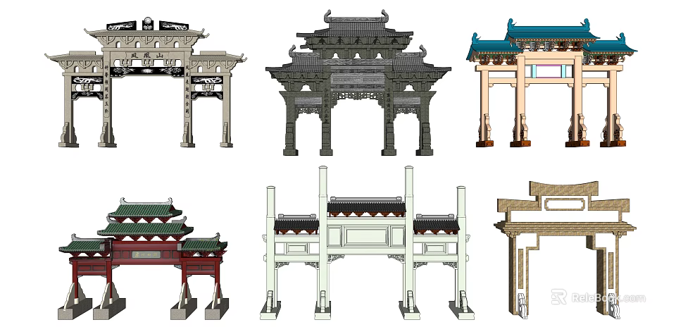 Traditional Chinese Paifang Structures Showcasing Multiple Ancient Architectural Styles And Designs 3d model 