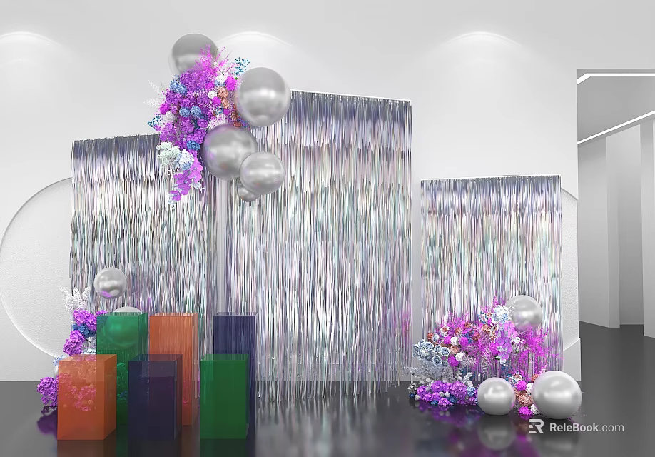 Colorful Photo Check-in Spot With Silver Tassel Backdrop Purple Pink Bouquets And Gift Boxes 3d model 