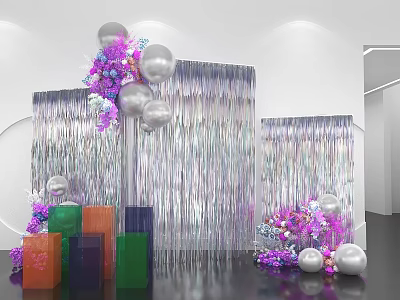 Colorful Photo Check-in Spot With Silver Tassel Backdrop Purple Pink Bouquets And Gift Boxes 3d model