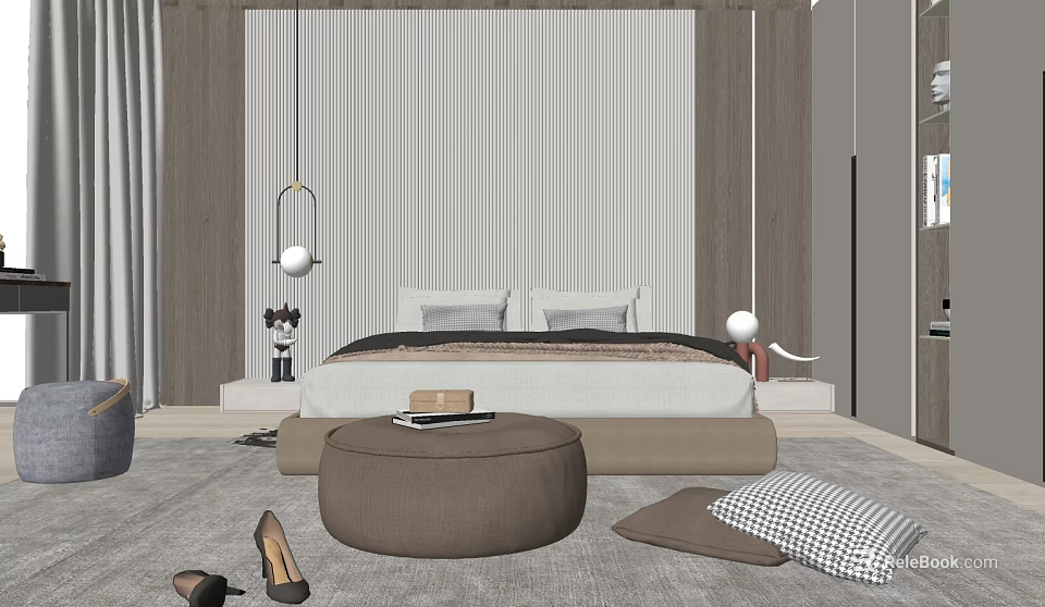 Modern Bedroom Double Bed With Striped Wall Round Ottoman And Decorative Pillows 3d model 