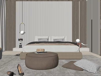 Modern Bedroom Double Bed With Striped Wall Round Ottoman And Decorative Pillows 3d model