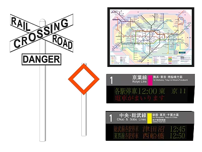 Rail Crossing Danger Sign With Traffic Map And Route Schedule Information 3d model