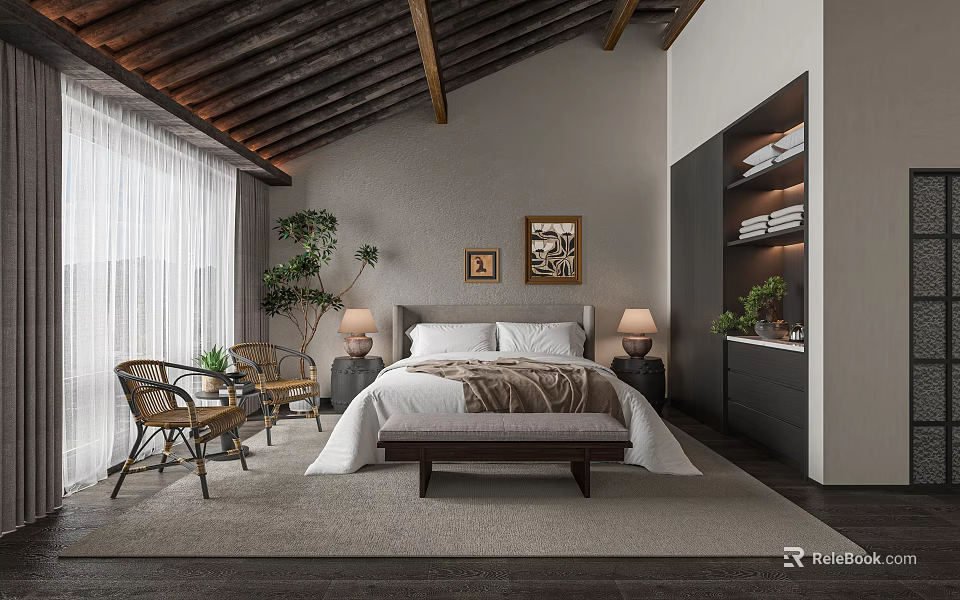 Hotel Guest Room With Wooden Sloped Ceiling Cozy Bed Wicker Chairs Lamps And Potted Plant 3d model 