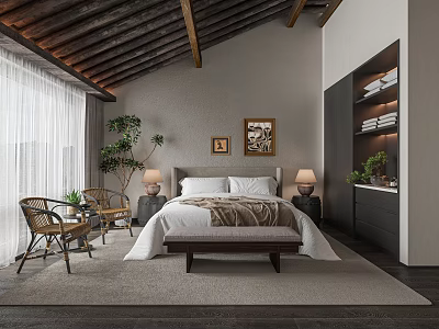 Hotel Guest Room With Wooden Sloped Ceiling Cozy Bed Wicker Chairs Lamps And Potted Plant 3d model