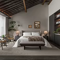 Hotel Guest Room With Wooden Sloped Ceiling Cozy Bed Wicker Chairs Lamps And Potted Plant