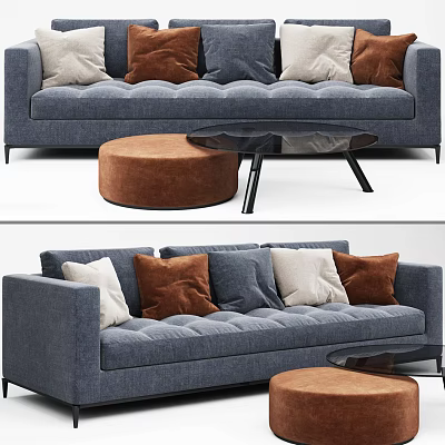 Blue Fabric Three-Seater Sofa With Brown White Grey Pillows Black Coffee Table And Brown Ottoman 3d model