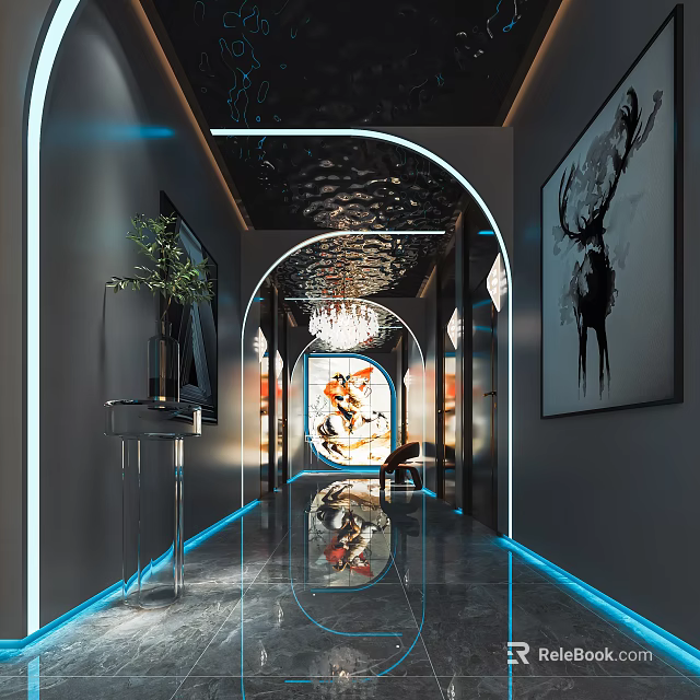 Modern Hotel Corridor With Blue Neon Lights Artwork And Glossy Marble Floor 3d model 