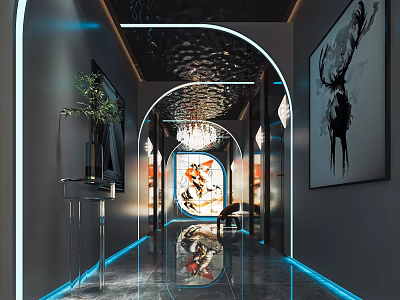 Modern Hotel Corridor With Blue Neon Lights Artwork And Glossy Marble Floor 3d model