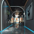 Modern Hotel Corridor With Blue Neon Lights Artwork And Glossy Marble Floor