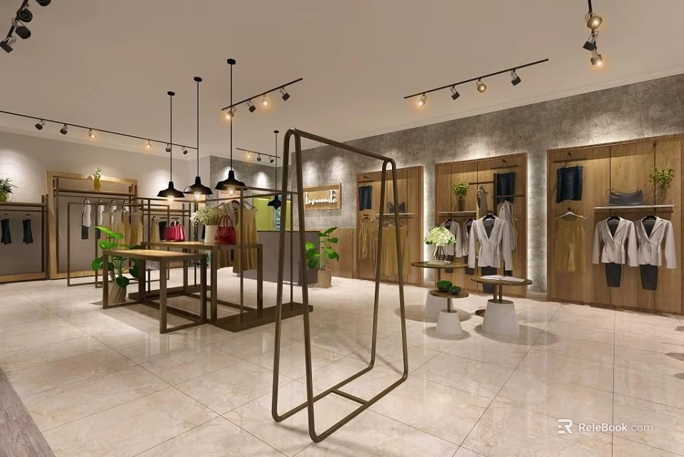 Modern Clothing Store Interior With Hanging Clothes Wooden Racks Plants And Lighting 3d model 
