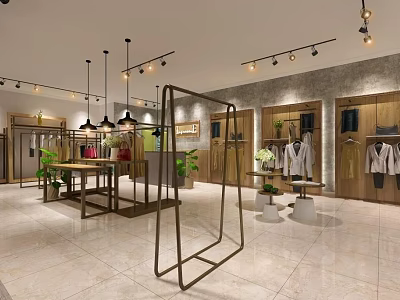 Modern Clothing Store Interior With Hanging Clothes Wooden Racks Plants And Lighting 3d model
