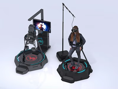 Immersive Virtual Reality Platforms with Standing User Wearing Headset Screen Mechanical Arm and Mic Stand 3d model