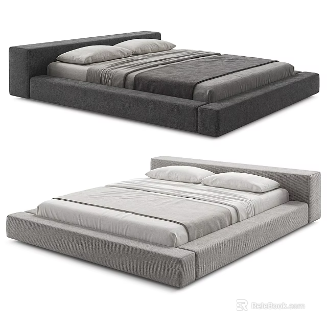 Modern Upholstered Double Bed With Low Profile Frame And Striped Bedding 3d model 
