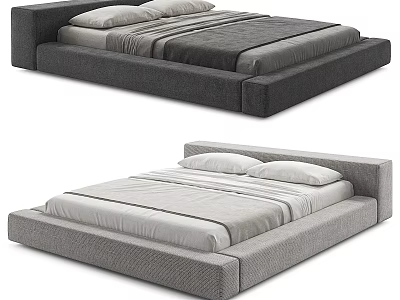 Modern Upholstered Double Bed With Low Profile Frame And Striped Bedding 3d model
