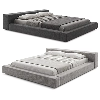 Modern Upholstered Double Bed With Low Profile Frame And Striped Bedding 3d model
