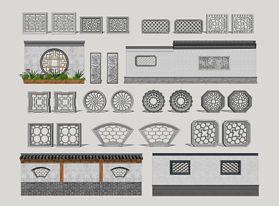 Chinese-style openwork window garden window flower 3d model