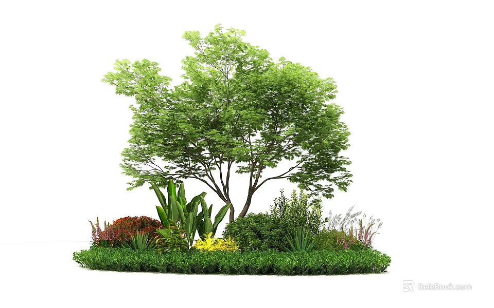 Lush Ground Cover Landscaping With Tall Tree Green Shrubs And Colorful Flowers 3d model 