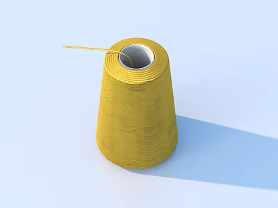 Yellow Woven Thread Spool for Household Sewing with Thread Tail in Light Blue Setting 3d model