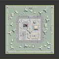 Cartoon 3D Model Scene with Square Layout Fence Small Buildings and Trees