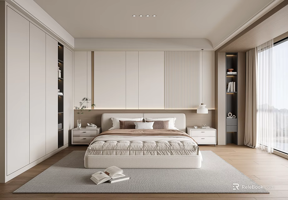 Modern Minimalist Bedroom Interior With Built in Wardrobes Bedside Tables And Area Rug 3d model 