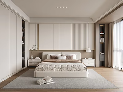 Modern Minimalist Bedroom Interior With Built in Wardrobes Bedside Tables And Area Rug 3d model