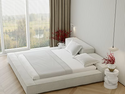Modern Double Bed With White Linen Wooden Floor Window Blinds And Red Flowers 3d model