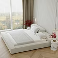 Modern Double Bed With White Linen Wooden Floor Window Blinds And Red Flowers