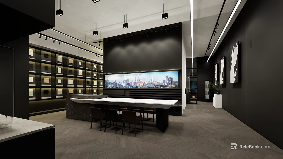 Modern Exhibition Hall Interior With Large Screen Display Shelves And Tables 3d model 