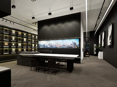 Modern Exhibition Hall Interior With Large Screen Display Shelves And Tables 3d model