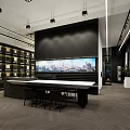 Modern Exhibition Hall Interior With Large Screen Display Shelves And Tables