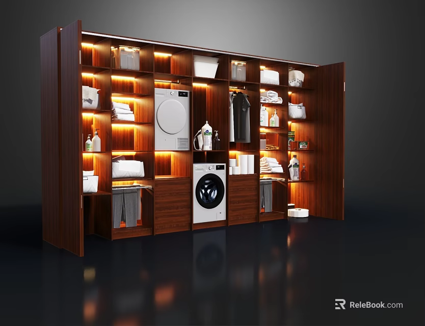 Contemporary Wooden Wardrobe With Interior Lighting Washing Machine Dryer Layered Storage And Hanging Garments 3d model 