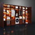 Contemporary Wooden Wardrobe With Interior Lighting Washing Machine Dryer Layered Storage And Hanging Garments