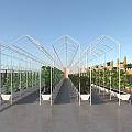 Garden Landscape Featuring Greenhouse Metal Frame With Tomato Plants And Growing Beds