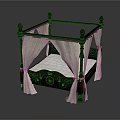 Dark Wooden Carved Four Poster Double Bed with White Canopy Curtains and Mattress