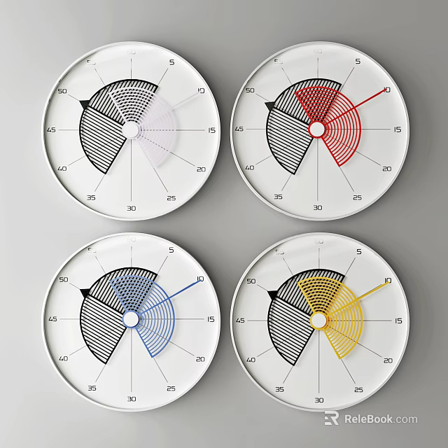 Modern Circular Wall Clocks With Four Colorful Dials And Different Colored Hands Design 3d model 