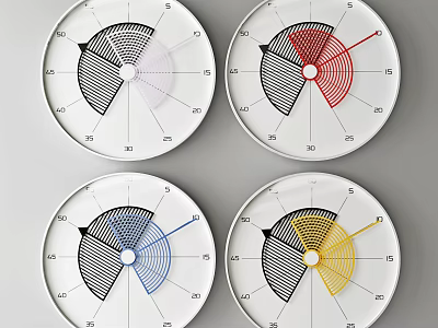 Modern Circular Wall Clocks With Four Colorful Dials And Different Colored Hands Design 3d model