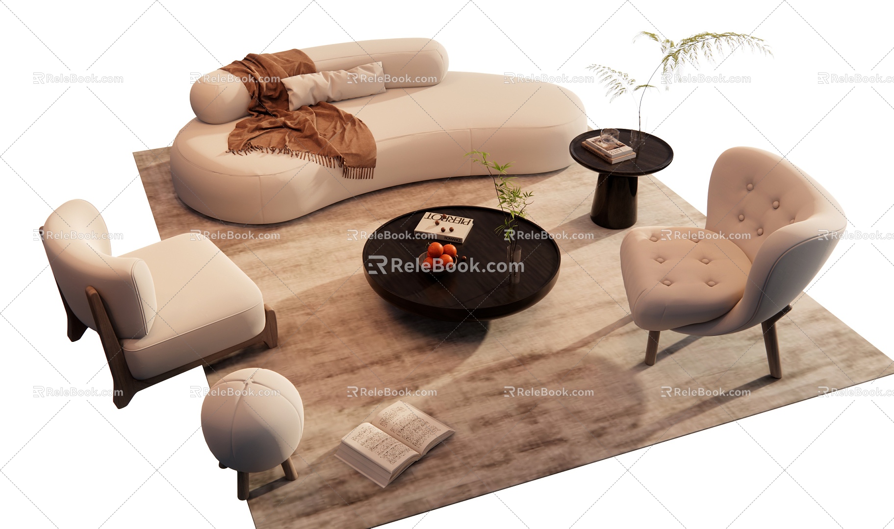 Cream Style Sofa Coffee Table Combination Leisure Sofa Leisure Chair Sofa Chair Coffee Table Curved Sofa 3d model